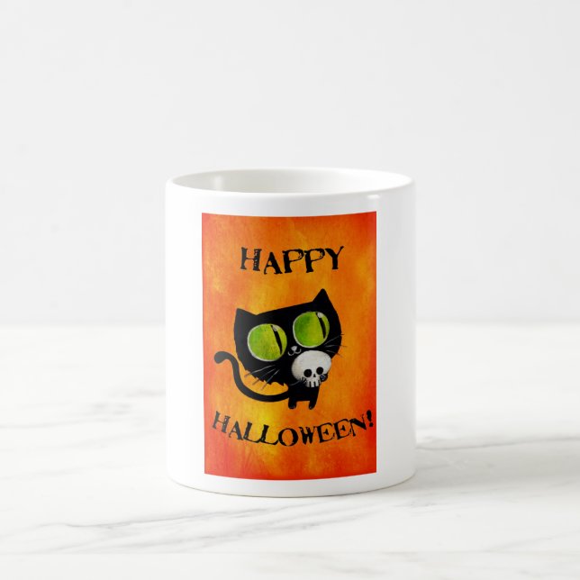 Schwarze Halloween-Katze mit dem Schädel Tasse (Mittel)
