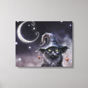 Schwarze Halloween-Katze mit einem Hexenhut Leinwanddruck