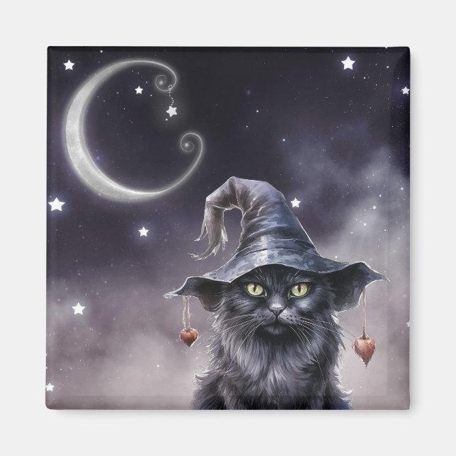 Schwarze Halloween-Katze mit einem Hexenhut Magnet (Vorne)
