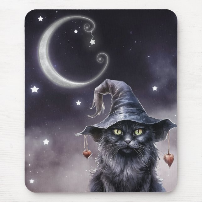 Schwarze Halloween-Katze mit einem Hexenhut Mousepad (Vorne)
