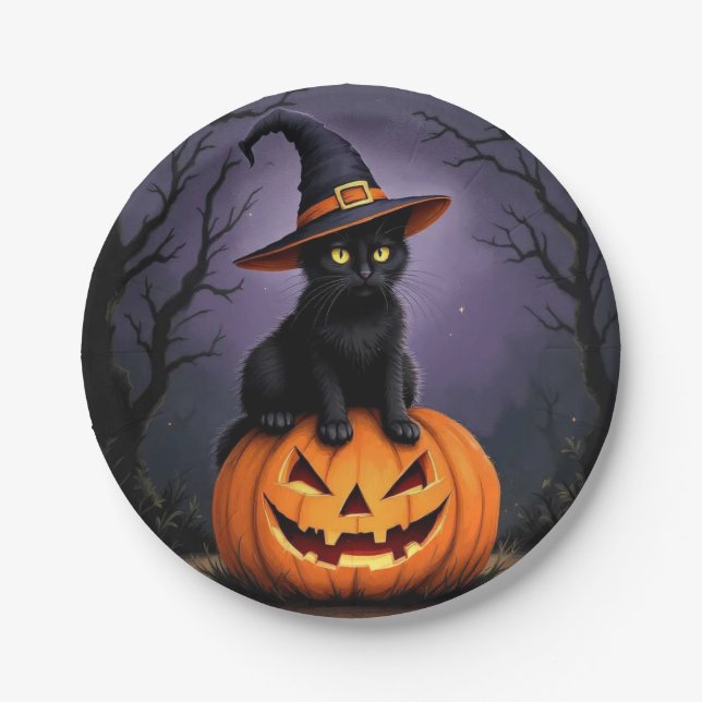 Schwarze Halloween-Katze mit einem Hexenhut Pappteller (Vorderseite)