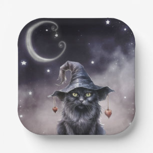 Schwarze Halloween-Katze mit einem Hexenhut Pappteller