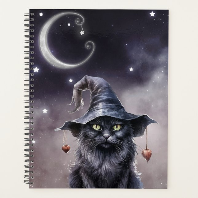 Schwarze Halloween-Katze mit einem Hexenhut Planer (Vorderseite)