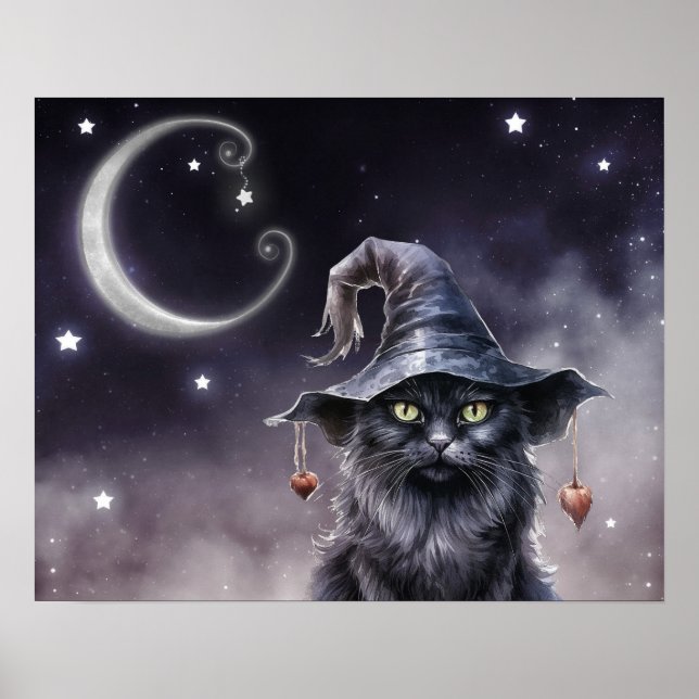 Schwarze Halloween-Katze mit einem Hexenhut Poster (Vorne)