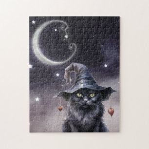 Schwarze Halloween-Katze mit einem Hexenhut Puzzle