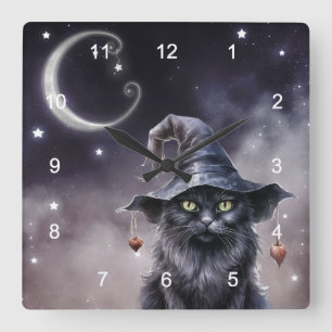 Schwarze Halloween-Katze mit einem Hexenhut Quadratische Wanduhr