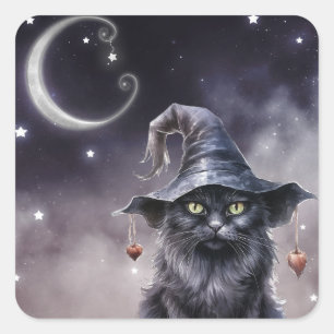 Schwarze Halloween-Katze mit einem Hexenhut Quadratischer Aufkleber