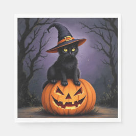 Schwarze Halloween-Katze mit einem Hexenhut Serviette