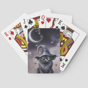 Schwarze Halloween-Katze mit einem Hexenhut Spielkarten