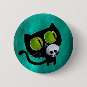 Schwarze Halloween-Katze mit Schädel Button