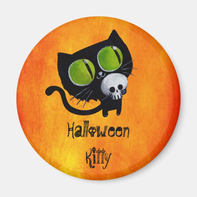 Schwarze Halloween-Katze mit Schädel Magnet (Vorne)