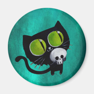 Schwarze Halloween-Katze mit Schädel Magnet