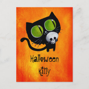 Schwarze Halloween-Katze mit Schädel Postkarte