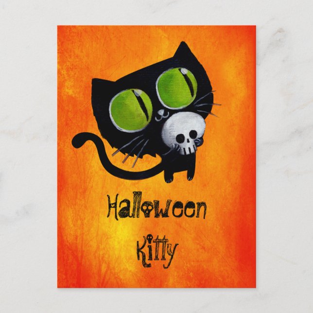 Schwarze Halloween-Katze mit Schädel Postkarte (Vorderseite)