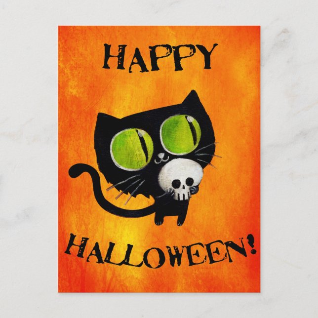 Schwarze Halloween-Katze mit Schädel Postkarte (Vorderseite)