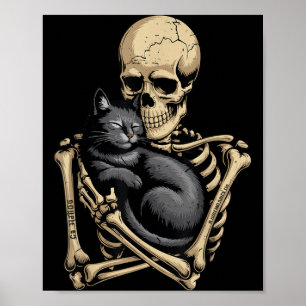 Schwarze Halloween-Katze Skelett umarmende Katze L Poster