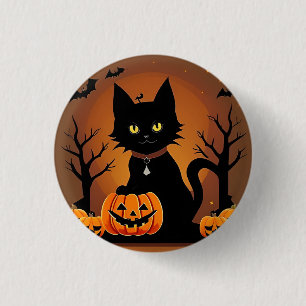 Schwarze Halloween-Katze umgeben von Kürbislaterne Button
