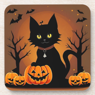 Schwarze Halloween-Katze umgeben von Kürbislaterne Getränkeuntersetzer
