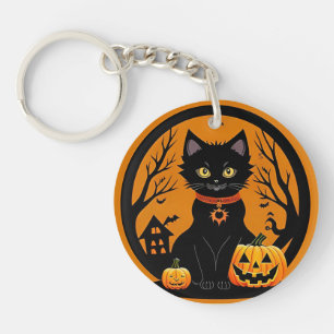 Schwarze Halloween-Katze umgeben von Kürbislaterne Schlüsselanhänger