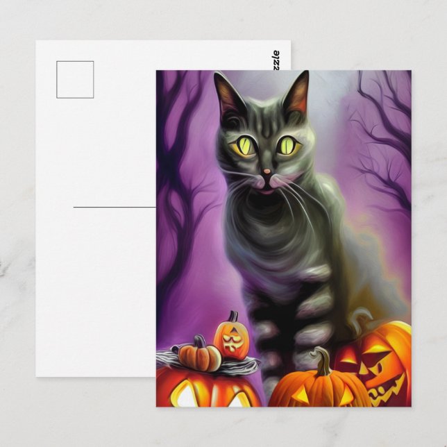 Schwarze Halloween-Katze und geschnitzte Pumpkins Postkarte (Vorne/Hinten)