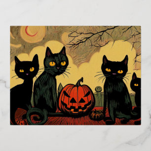 Schwarze Halloween-Katzen mit einer Kürbiskarte Folien Feiertagspostkarte