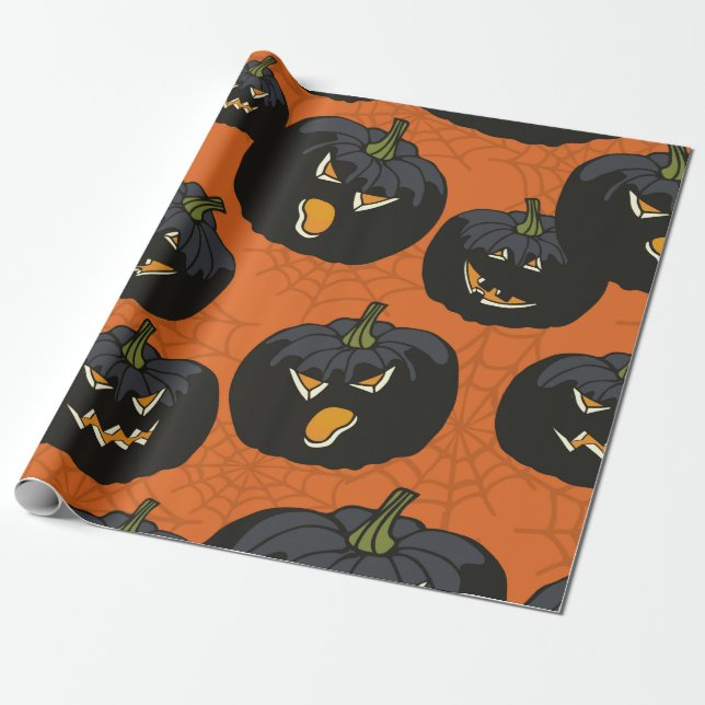 Schwarze Halloween-Kürbis in Orange Geschenkpapier (Ungerollt)
