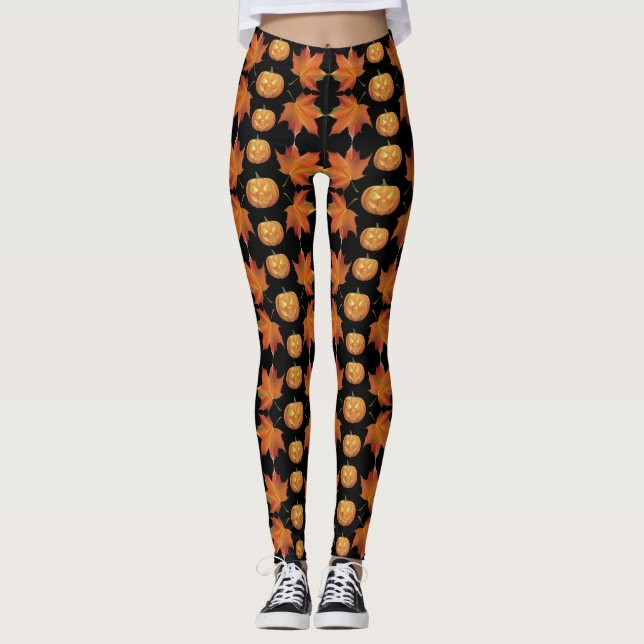 Schwarze Halloween-Leggings mit Pumpkin & Blätter Leggings (Vorderseite)