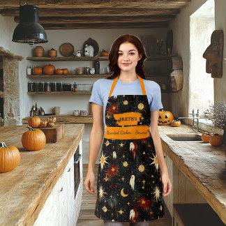 Schwarze Halloween-Schürze mit Geistern, Sternen, Schürze