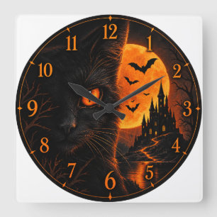 Schwarze Halloween-Wanduhr mit Katze – Spukhaftes Quadratische Wanduhr