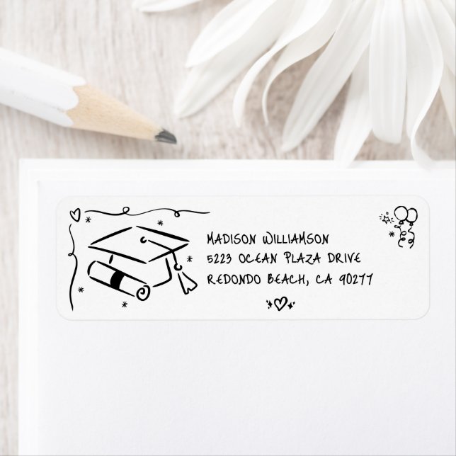 Schwarze handgezeichnete Doodle-Abschlussmütze wei (Insitu)