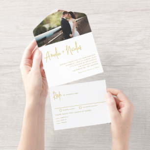 Schwarze Handschrift-Typografie-Foto-Hochzeit All-in-One-Einladung