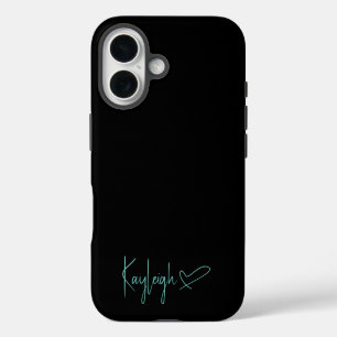 Schwarze Handytasche mit Minzgrünem Schriftzug und iPhone 16 Hülle