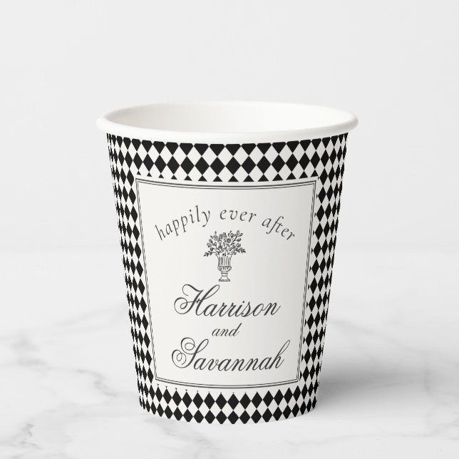 Schwarze Harlekin-Karo-Hochzeit Pappbecher (Vorderseite)