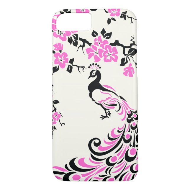 Schwarze, heiß rosa Pfau- und Kirschblüten Case-Mate iPhone Hülle (Rückseite)