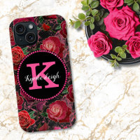 Schwarze heiße rosa Rosen Marmor Diamant Monogramm