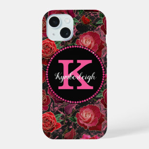 Schwarze heiße rosa Rosen Marmor Diamant Monogramm iPhone 15 Hülle