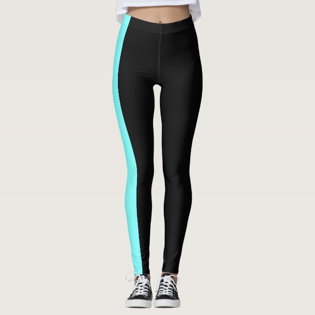 Schwarze hellblaue Farbblöcke Frauen Leggings (Vorderseite)