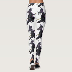 Schwarze Hexe auf Broomstick, weißes Halloween-Leg Leggings
