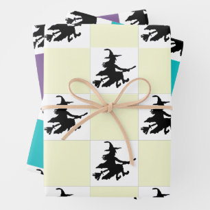 Schwarze Hexen auf gelb, lila und türkis kariert Geschenkpapier Set