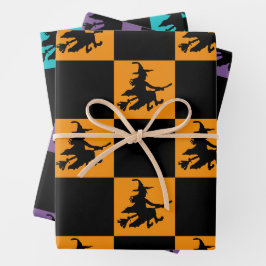 Schwarze Hexen auf orange, violett und türkis kari Geschenkpapier Set