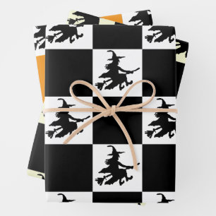 Schwarze Hexen auf Weiß, Gelb und Orange Kariert Geschenkpapier Set