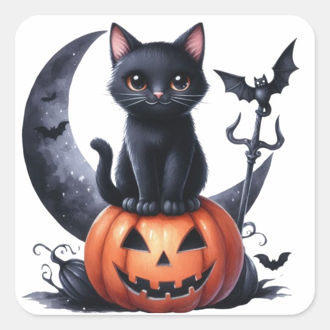 Schwarze Hexen Cat Halloween Stickers (Vorderseite)