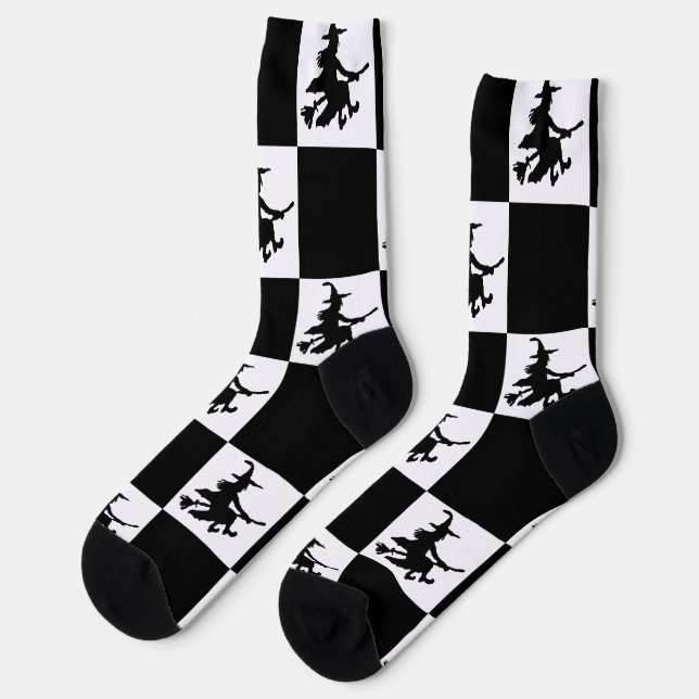 Schwarze Hexen Schwarz-Weiß Kariert Socken (Linkes Detail)