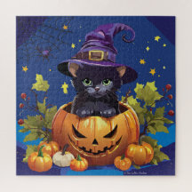 Schwarze Hexenkatze im Kürbis-Quadrat-Puzzle 676 T