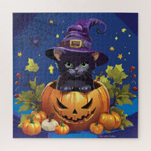 Schwarze Hexenkatze im Kürbis-Quadrat-Puzzle 676 T Puzzle