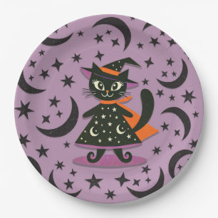 Schwarze Hexenkatze Lila Mond Sterne Halloween-Par Pappteller
