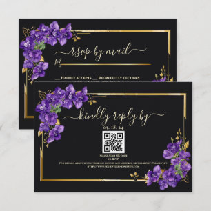 Schwarze Hochzeit-Antwort mit Veilchen Goldrahmen RSVP Karte
