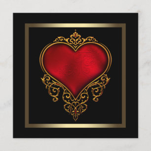 Schwarze Hochzeit mit goldenem Herzen und roter Fa Einladung