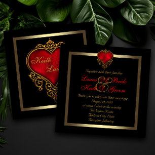 Schwarze Hochzeit mit goldenem Herzen und roter Se Einladung