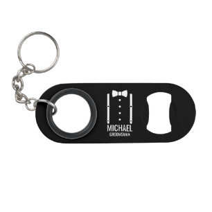 Schwarze Hochzeits-Fliege personalisiert für Trauz Mini Flaschenöffner